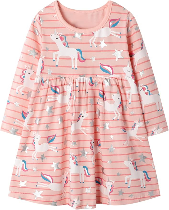 FreeLu Toddler Girls Cartoon Applique Dresses Striped Casual Dress Cotton Jersey Longsleeve T-Shi... | Amazon (US)