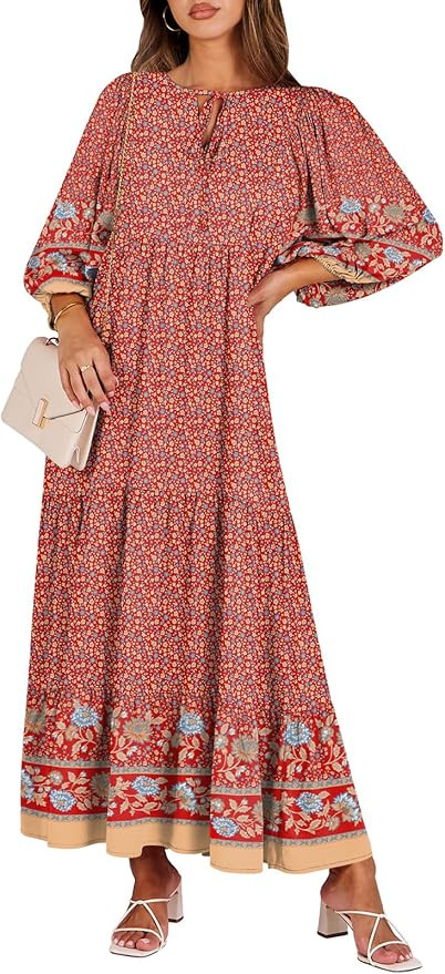 ANRABESS Womens Boho Maxi Dresses 2024 Summer V Neck Puff Sleeve Floral Flowy Swing Casual Long D... | Amazon (US)