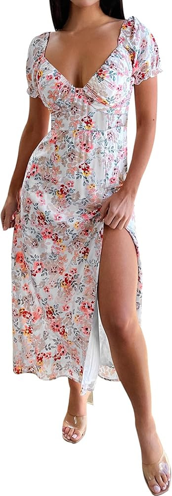 SPRIME Women's Summer Casual Dress V Neck Short Puff Sleeve Midi Dresses Floral Print High Waist ... | Amazon (US)
