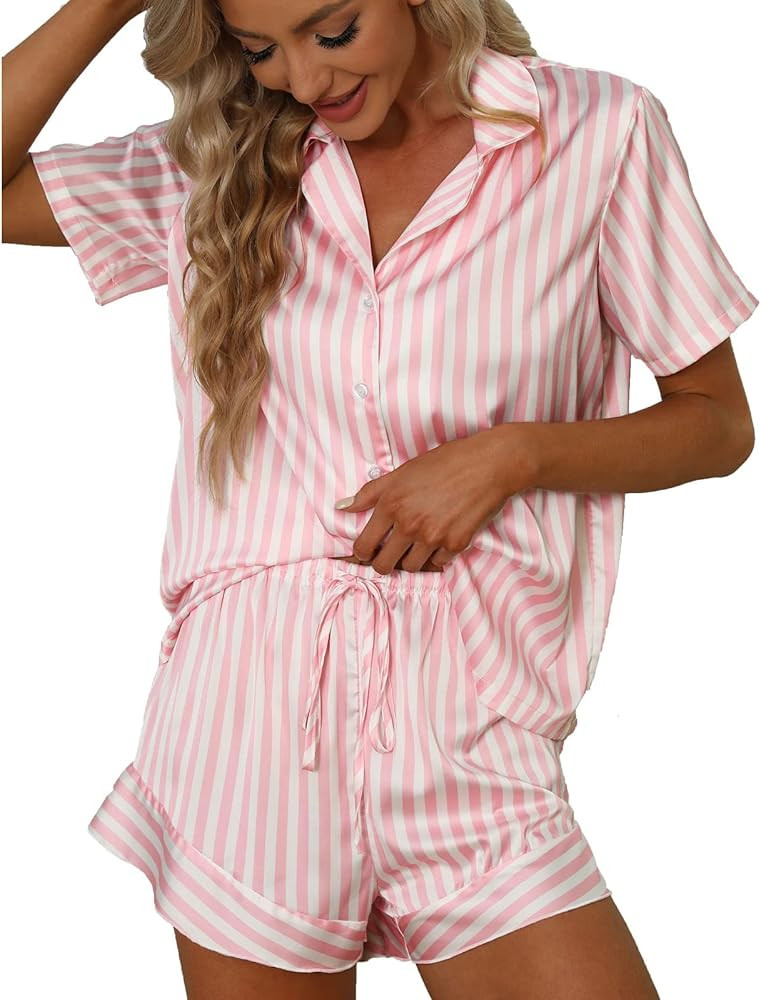 Silk Satin Pajamas Set for Women, Button Up Silk Pj Sets Women, 2 Piece Soft Sleepwear Loungewear | Amazon (US)