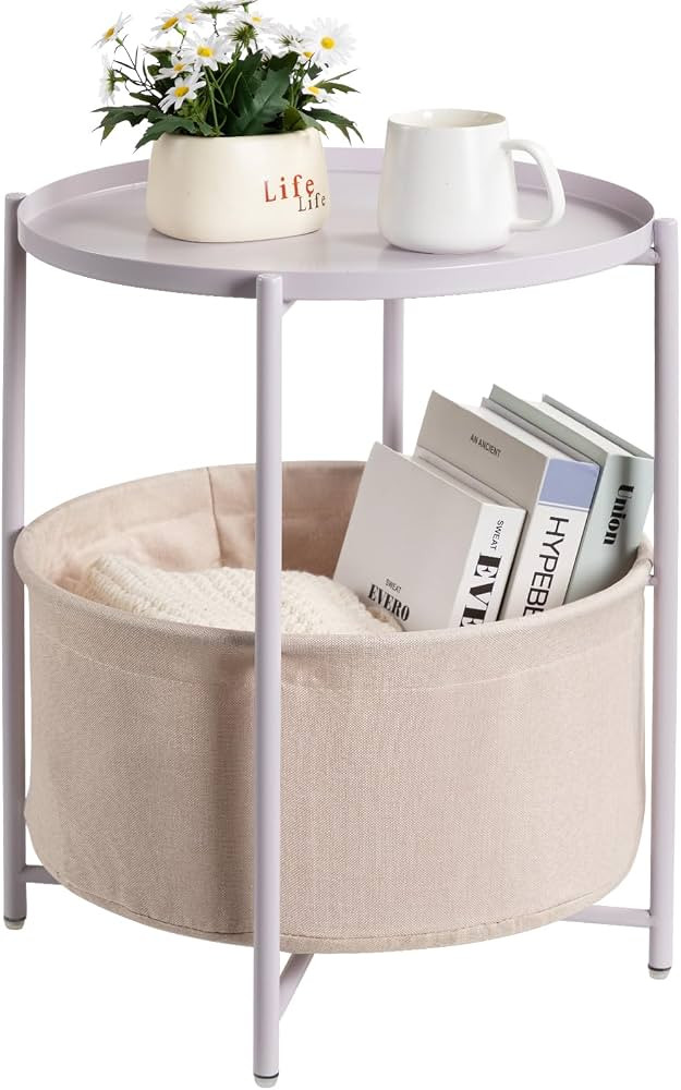 danpinera Round Side Table with Fabric Storage Basket, Metal Side Table Small Bedside Nightstand ... | Amazon (US)