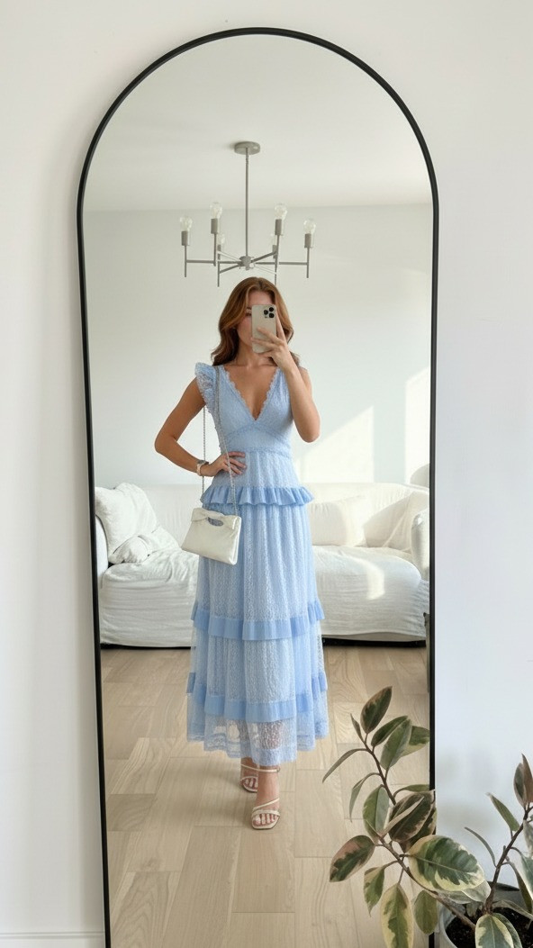 Such a dreamy garden wedding guest dress 💙

This blue lace tiered midi is perfect for spring weddings, outdoor ceremonies, and romantic wedding guest looks. 

 #LTKootd #LTKWedding