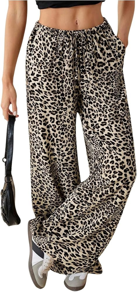 Women's Y2K Leopard Baggy Pants Cheetah Wide Leg Track Pants Drawstring Waist Long Trousers with ... | Amazon (US)