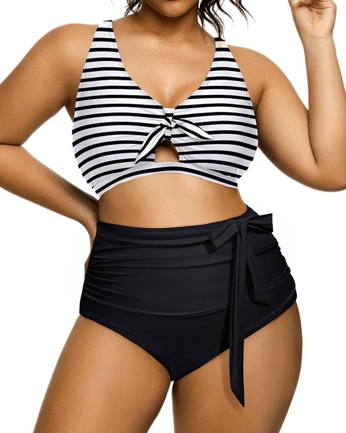 Daci Women 2 Piece Plus Size Bikini Swimsuit High Waisted Bottom Ruched Tie Knot Bathing Suit | Amazon (US)