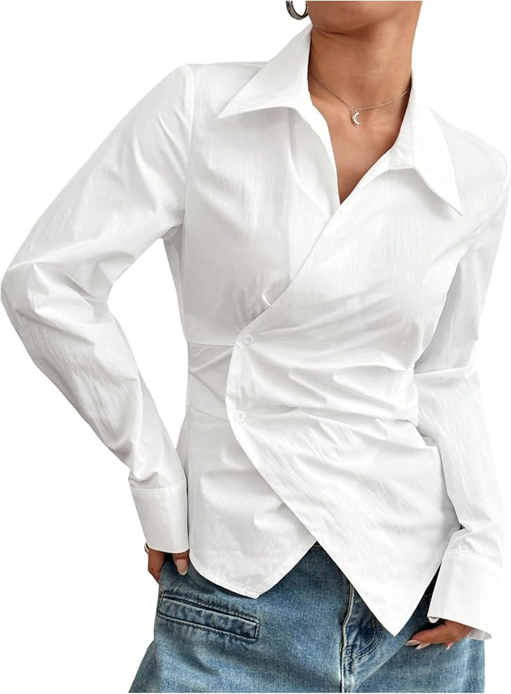 GORGLITTER Women's Wrap Asymmetrical Hem Button Up Shirt Long Sleeve Collared Blouse Tops | Amazon (US)