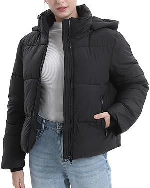 Women's Cropped Puffer Jackets,Warm Winter Jacket with Removable Hood,Zipped Pockets,Short Ladies... | Amazon (US)