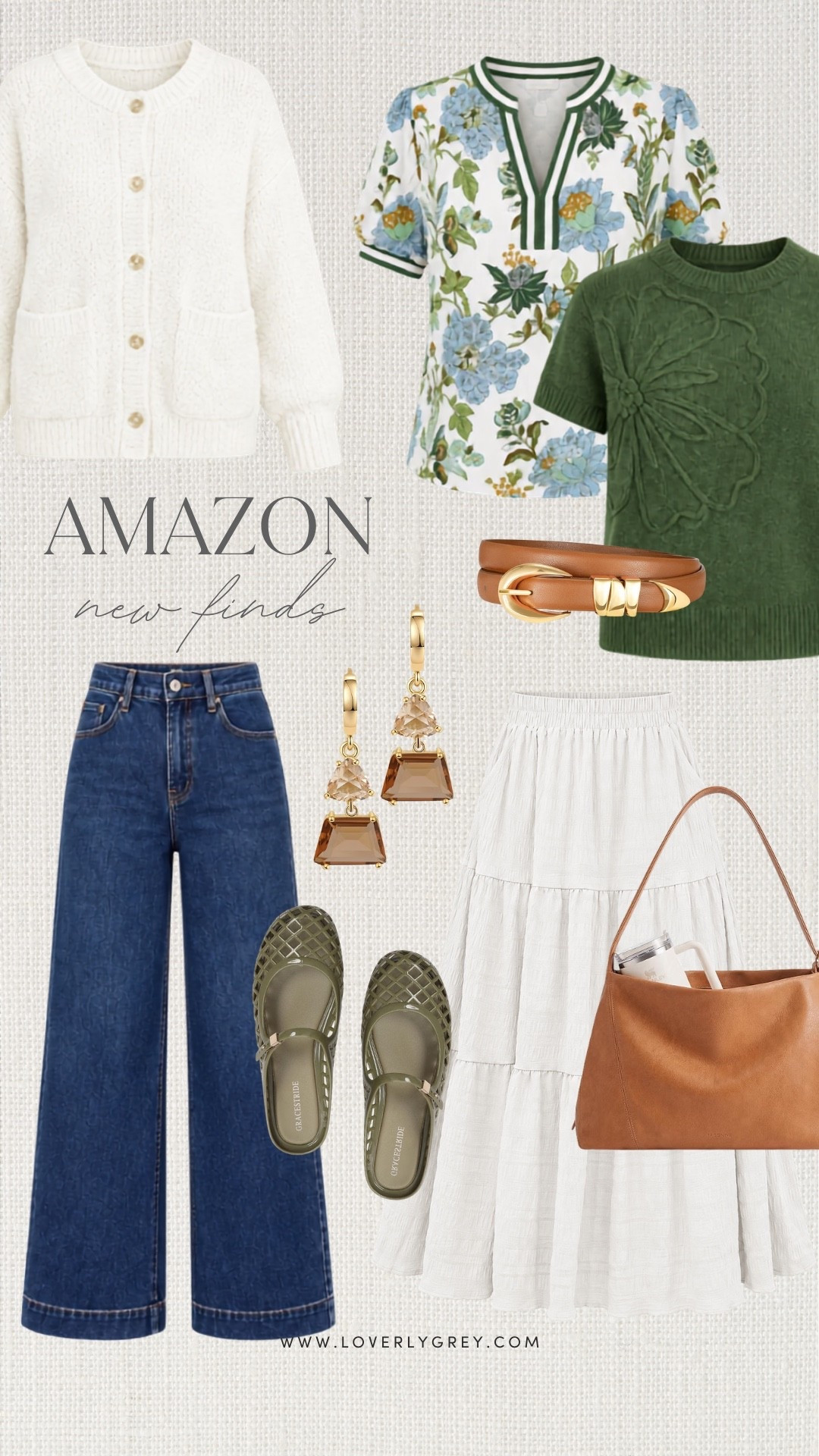 I love how fresh these Amazon fall fashion finds feel! The floral top, green sweater, wide-leg jeans, white midi skirt and brown accessories are perfect for creating transitional fall outfits that still feel light and colorful while easing into the season.

#LTKootd #LTKSeasonal