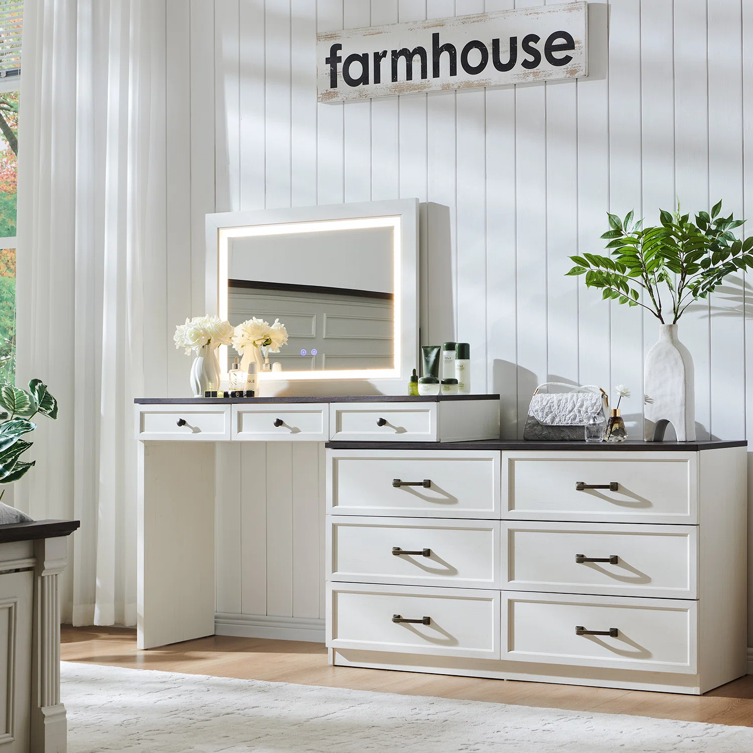 69" W Large Vanity Desk with 30" Lighted Mirror & 9 Drawers, Farmhouse Corner Makeup Table with G... | Wayfair North America