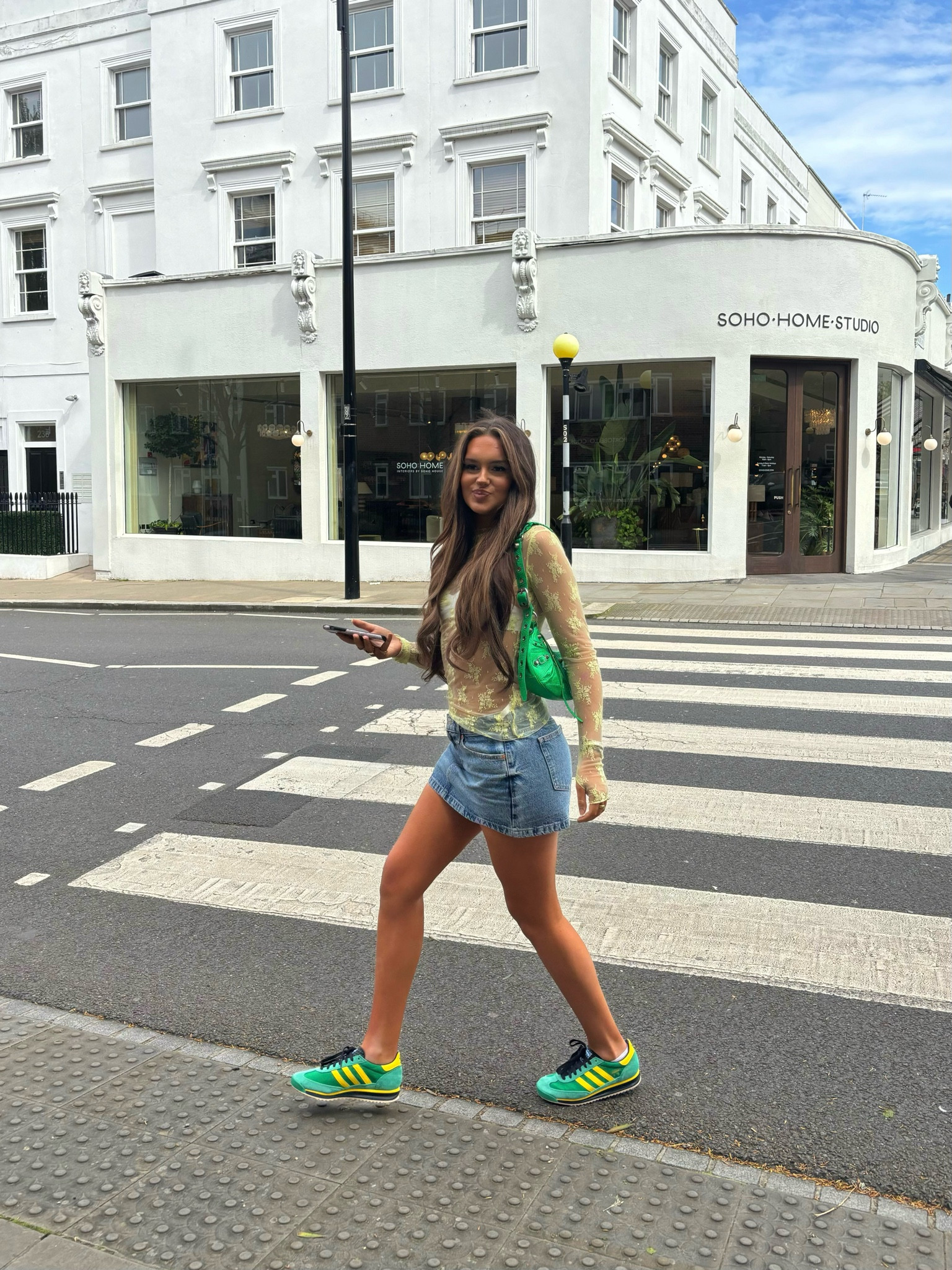 Yellow top, free people, denim skirt, mango, tall girl fashion, London style, balenciaga bag, le cagole, adidas, sl72, green trainers, colourful outfit, dopamine dressing

#LTKsale #LTKeurope #LTKsummer