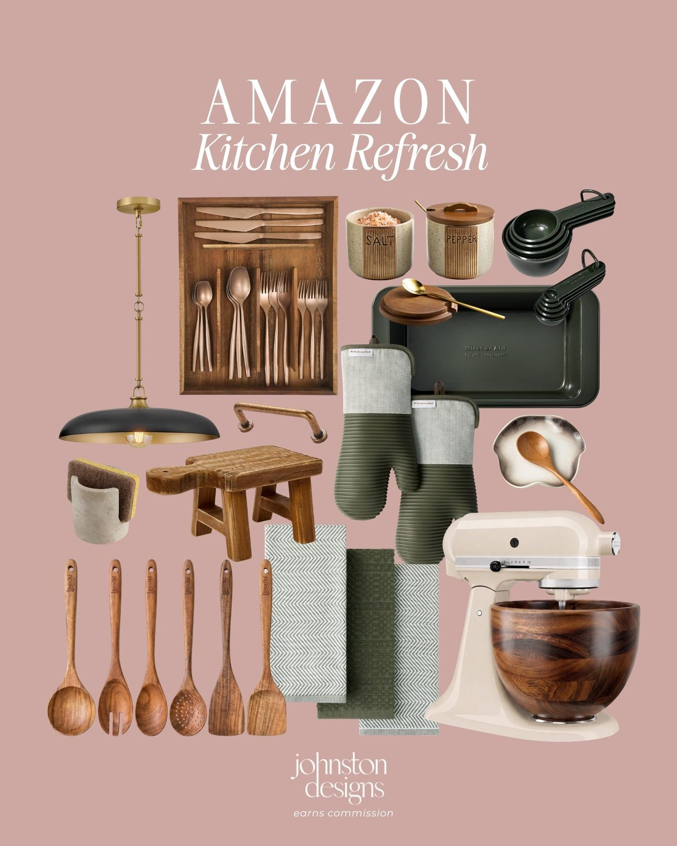 Stylish upgrades to elevate your culinary space for a cozy kitchen refresh. 🍳 Styled with warm wooden utensils, ceramic salt and pepper cellars, a classic cream stand mixer with a wooden mixing bowl, matte black pendant lighting, olive green oven mitts, and textured dish towels for an inviting aesthetic.

Amazon kitchen refresh, wooden cooking utensils set, ceramic salt pepper cellars, cream stand mixer wooden bowl, black brass pendant light fixture, olive green oven mitts, wooden riser pedestal board, black measuring cups spoons set, ceramic spoon rest, brass cabinet handles, women’s Amazon home decor

#amazonfinds #amazonhome #kitchenrefresh #kitchenorganizing #cozykitchen #kitchenaccessories #warmminimalism #kitchenstyling #homegoods #aesthetickitchen 

 #LTKHome
