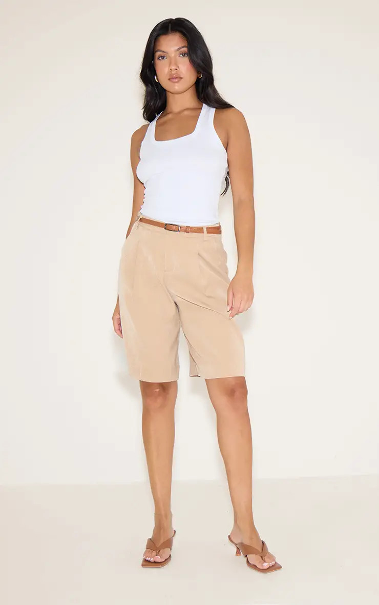 Stone Tailored Belted Long Shorts | PrettyLittleThing | PrettyLittleThing UK