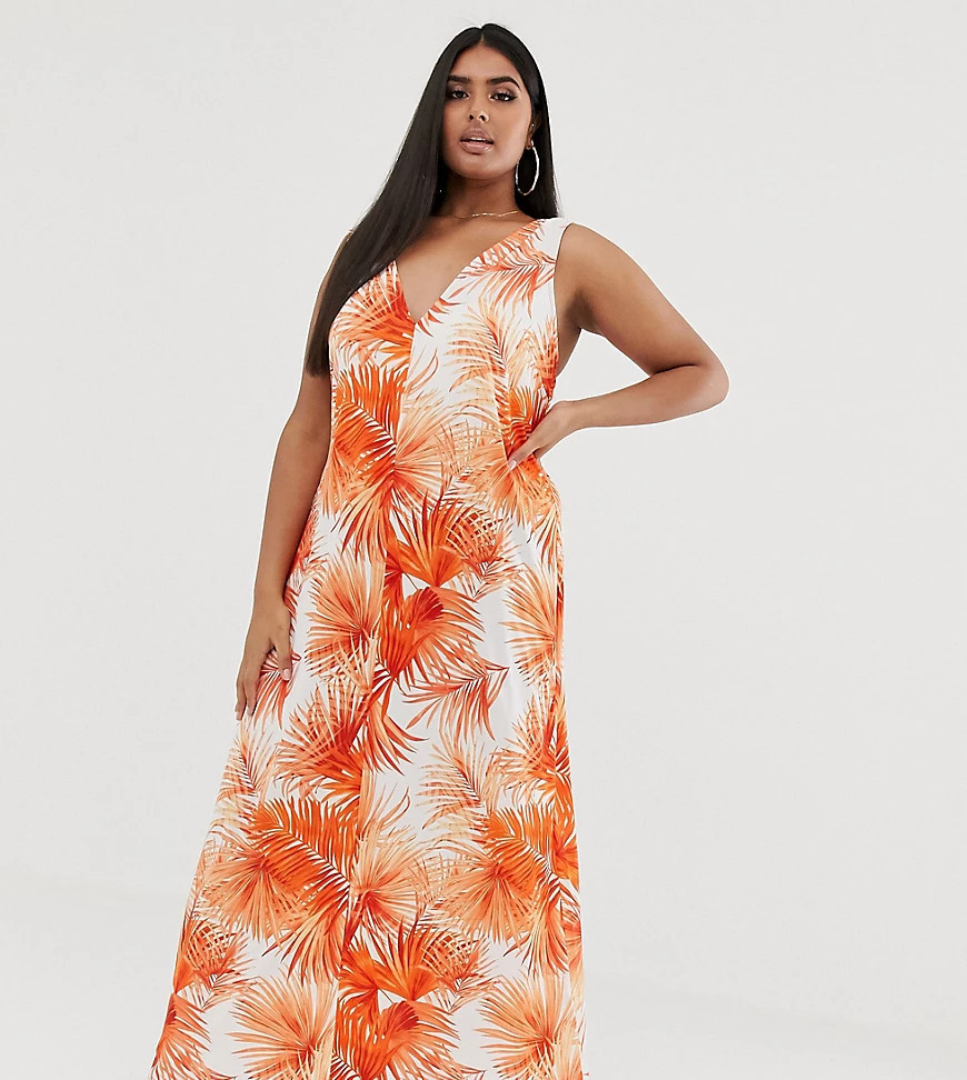 ASOS DESIGN Curve low back maxi dress in palm print-Multi | ASOS (Global)
