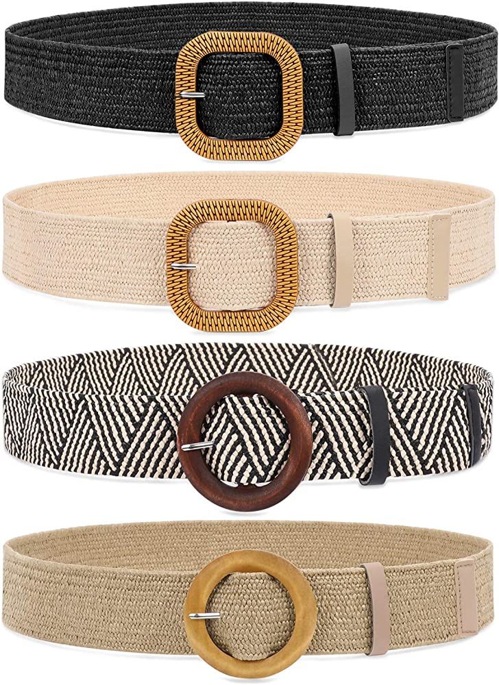 Set of 4 Straw Woven Elastic Stretch Waist Belts for Women, Fashion Boho Ladies Braided Skinny Dr... | Amazon (US)