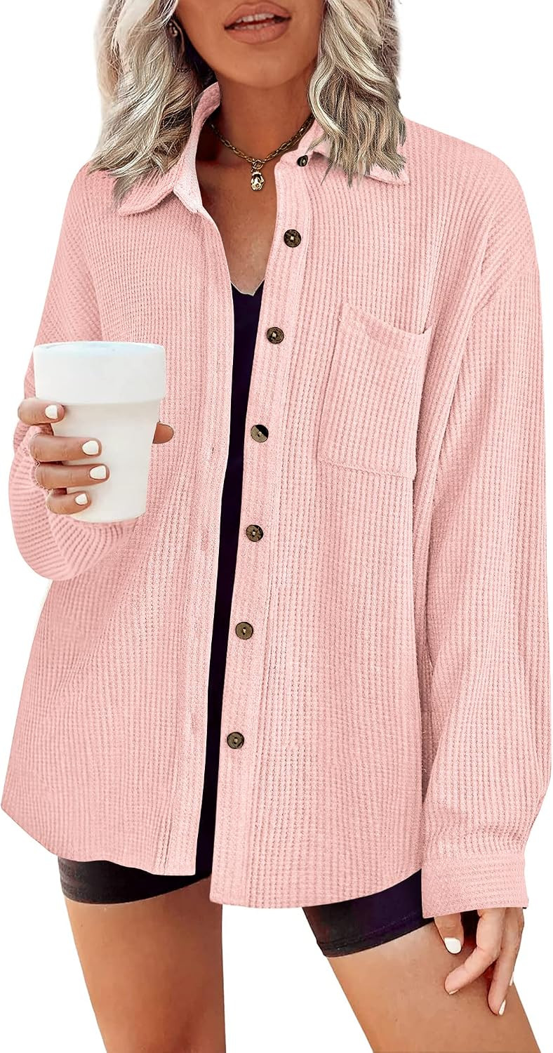 Hotouch Women Waffle Button Down Shirt Casual Long Sleeve Loose Fit Pink Button Blouse Shirt with... | Amazon (US)