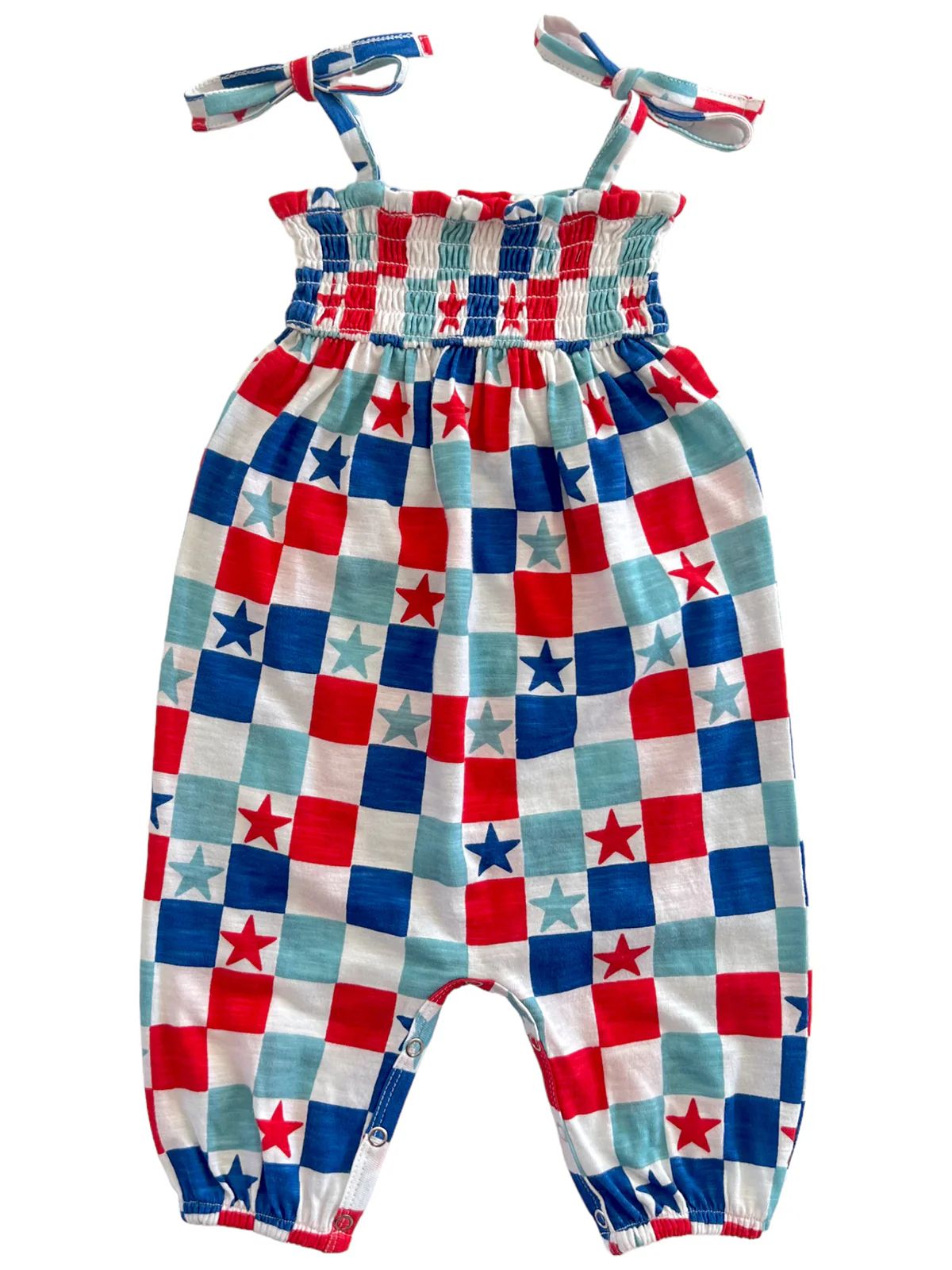 Red, White & Blue Checkerboard / Organic Smocked Jumpsuit | SpearmintLOVE