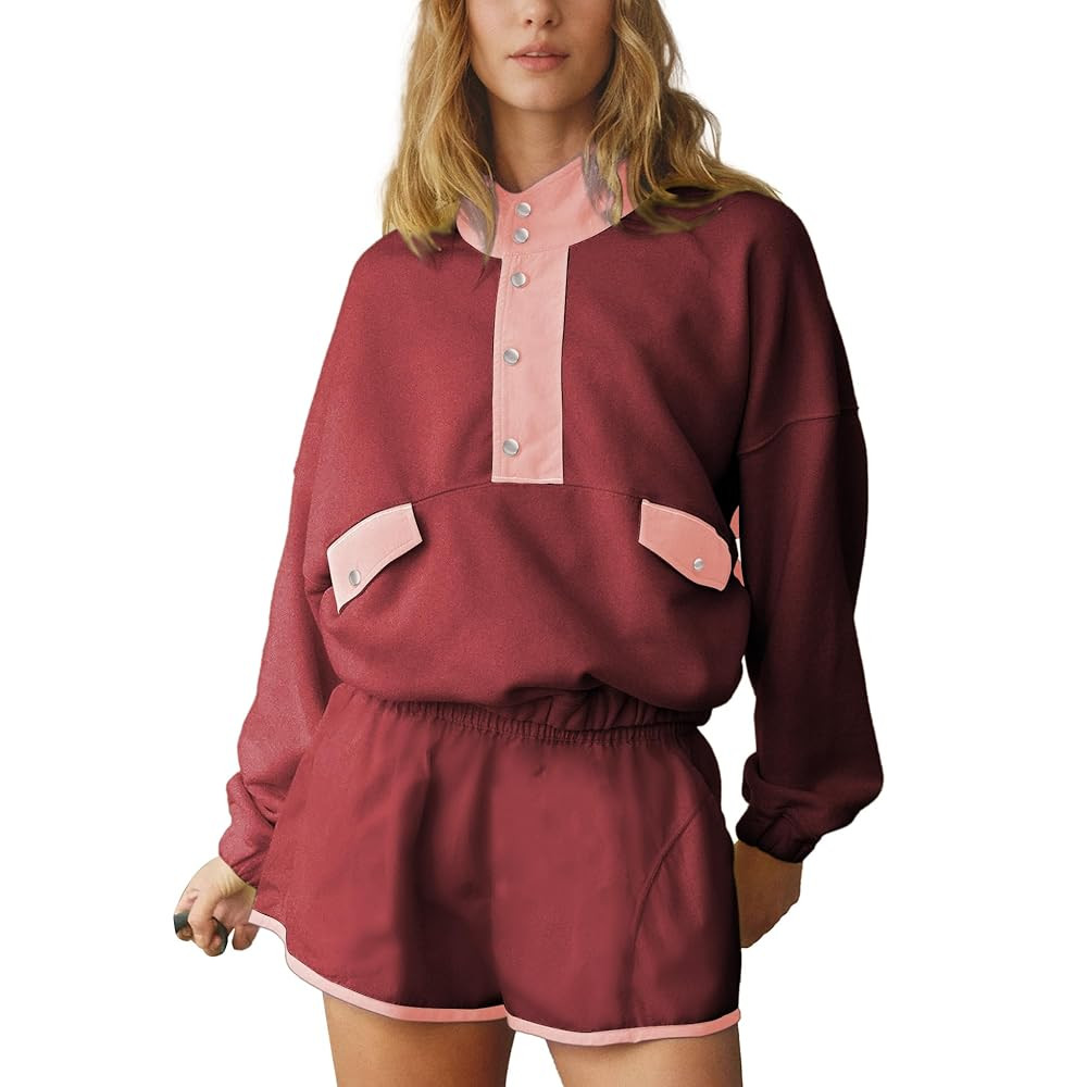 Workout Sets for Women Long Sleeve Half Button Pullover Elastic Waist Shorts Slouchy 2 Piece Set ... | Amazon (US)