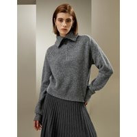 LILYSILK Cashmere Polo Sweater Ladies - Mixed Gray Finest Cashmere - Stylish Lapel Collar Sweater L | LilySilk