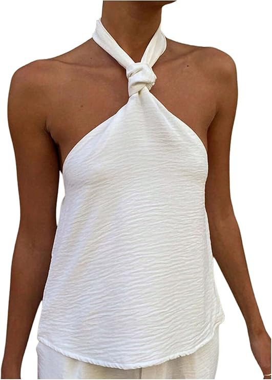 MakeMeChic Women's Summer Halter Tops Criss Cross Casual Sleeveless Tie Backless Textured Shirt | Amazon (US)