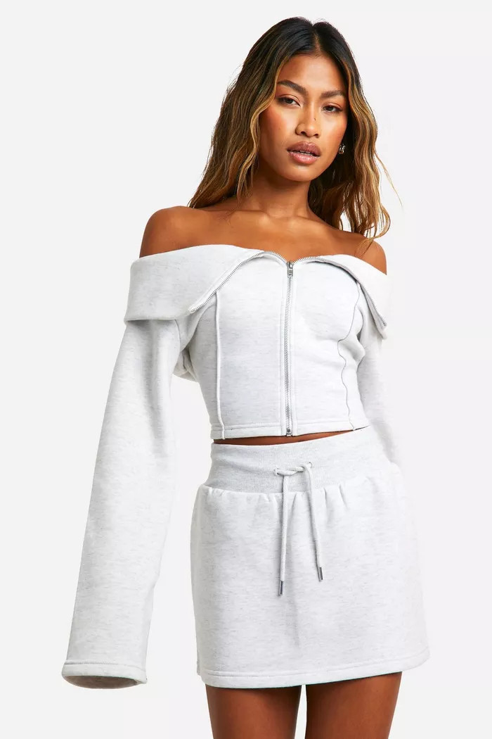 Off The Shoulder Off The Shoulder Zip Through Sweatshirt And Skirt Set | boohoo (US & Canada)