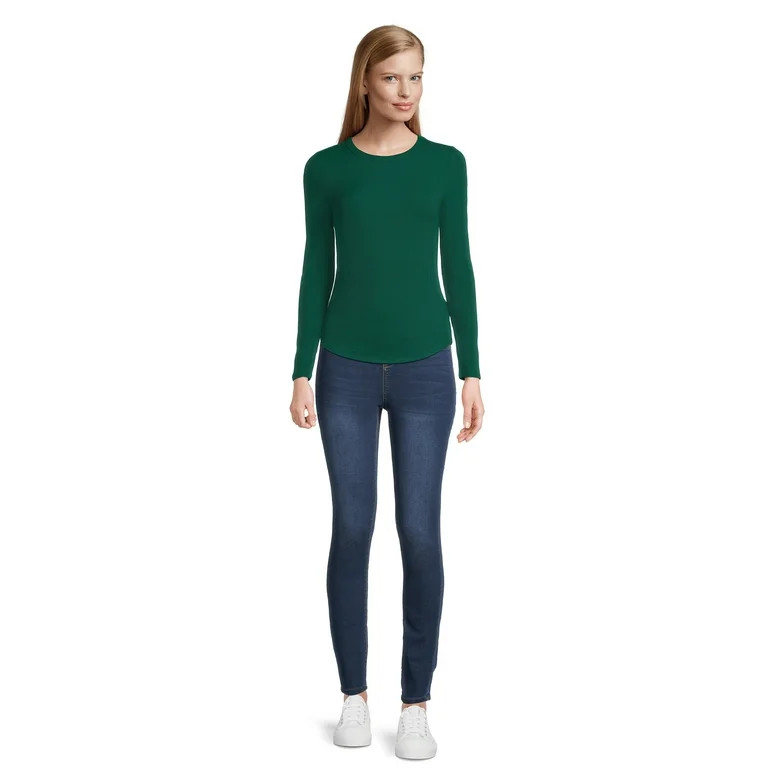 No Boundaries Women's Juniors Ribbed Crewneck Tee with Long Sleeves, Sizes XS-XXXL | Walmart (US)