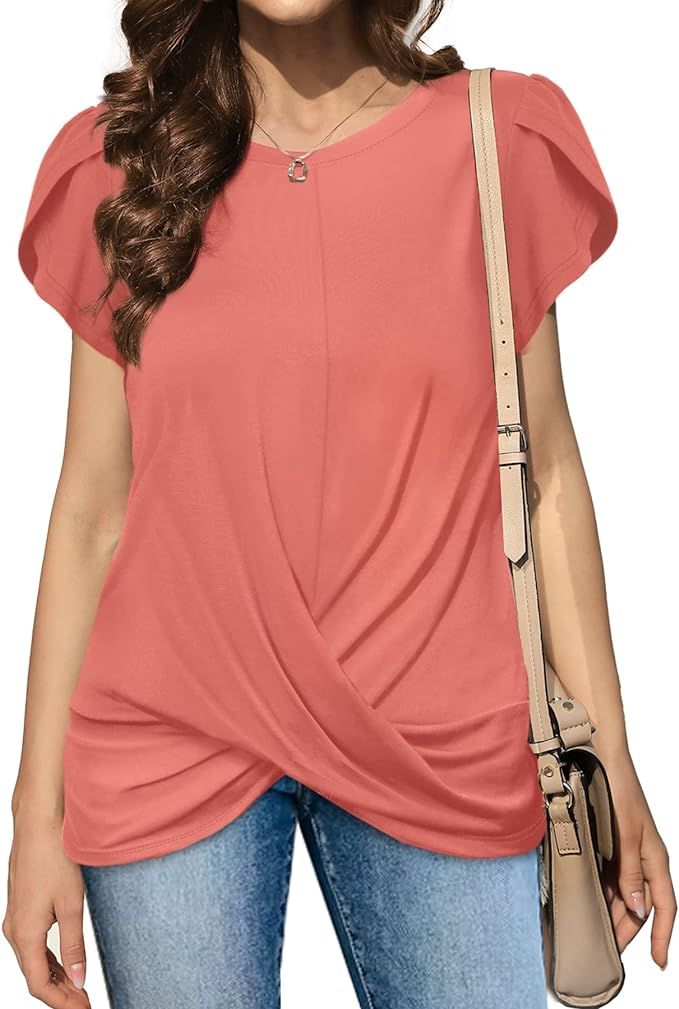 NIASHOT Womens Tops Round Neck Petal Sleeve Twist Front Summer T-Shirts | Amazon (US)