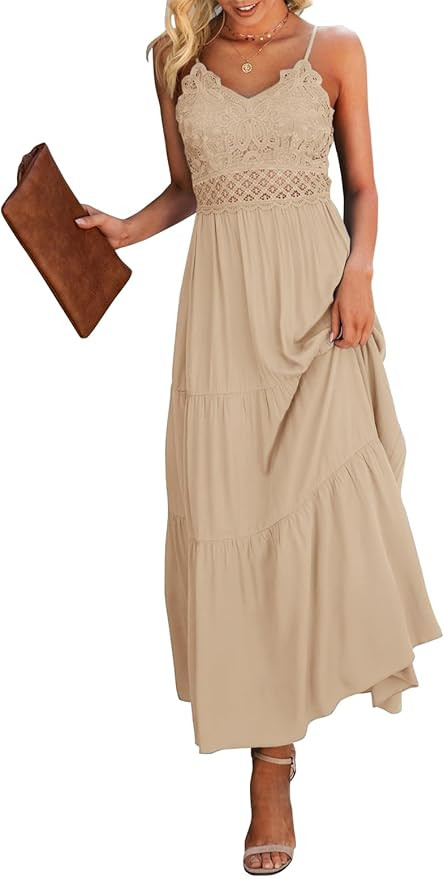 Dokuritu Women's Beach Crochet Lace Maxi Dress Solid Color Summer Vacation Spaghetti Strap Long D... | Amazon (US)