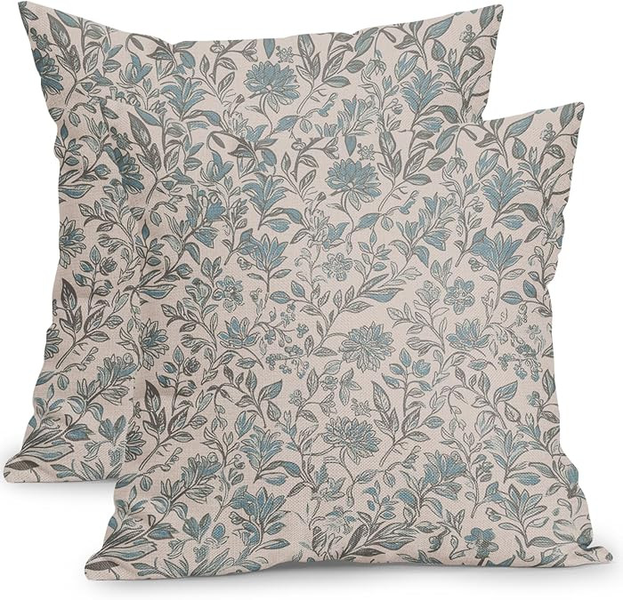 Vintage Floral Pillow Covers 20x20 Inch Set of 2 Antique Flower Block Print Pillowcases Smoke Blu... | Amazon (US)