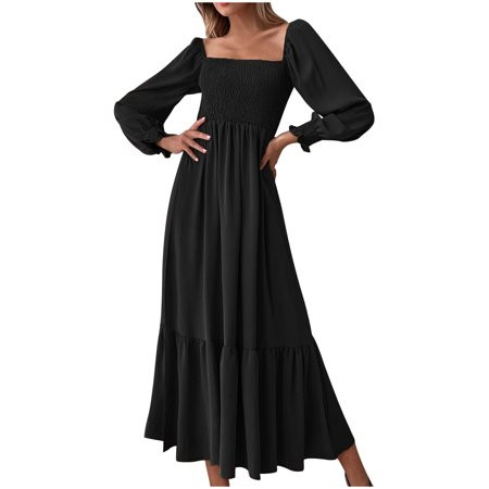 Womens Puff Long Sleeve Square Neck Smocked Maxi Dress Plain Elegant Ruffle Long Dress Casual Loose  | Walmart (US)