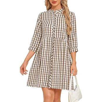 Ladyful Women's Button Down Gingham Mini Dress Long Sleeve Plaid Dresses | Baggy, 3/4 Sleeve, Cre... | Amazon (US)