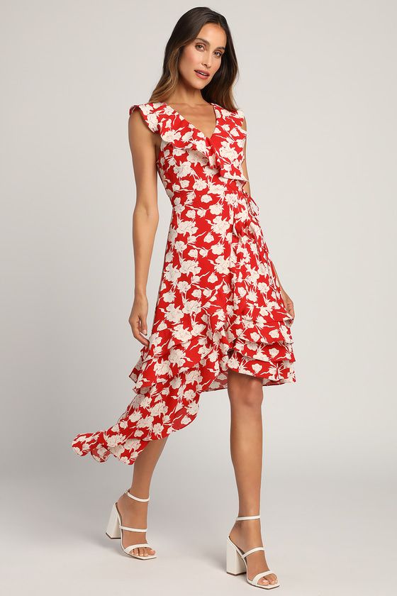 All the Lovely Days Red Floral Print Asymmetrical Wrap Dress | Lulus (US)