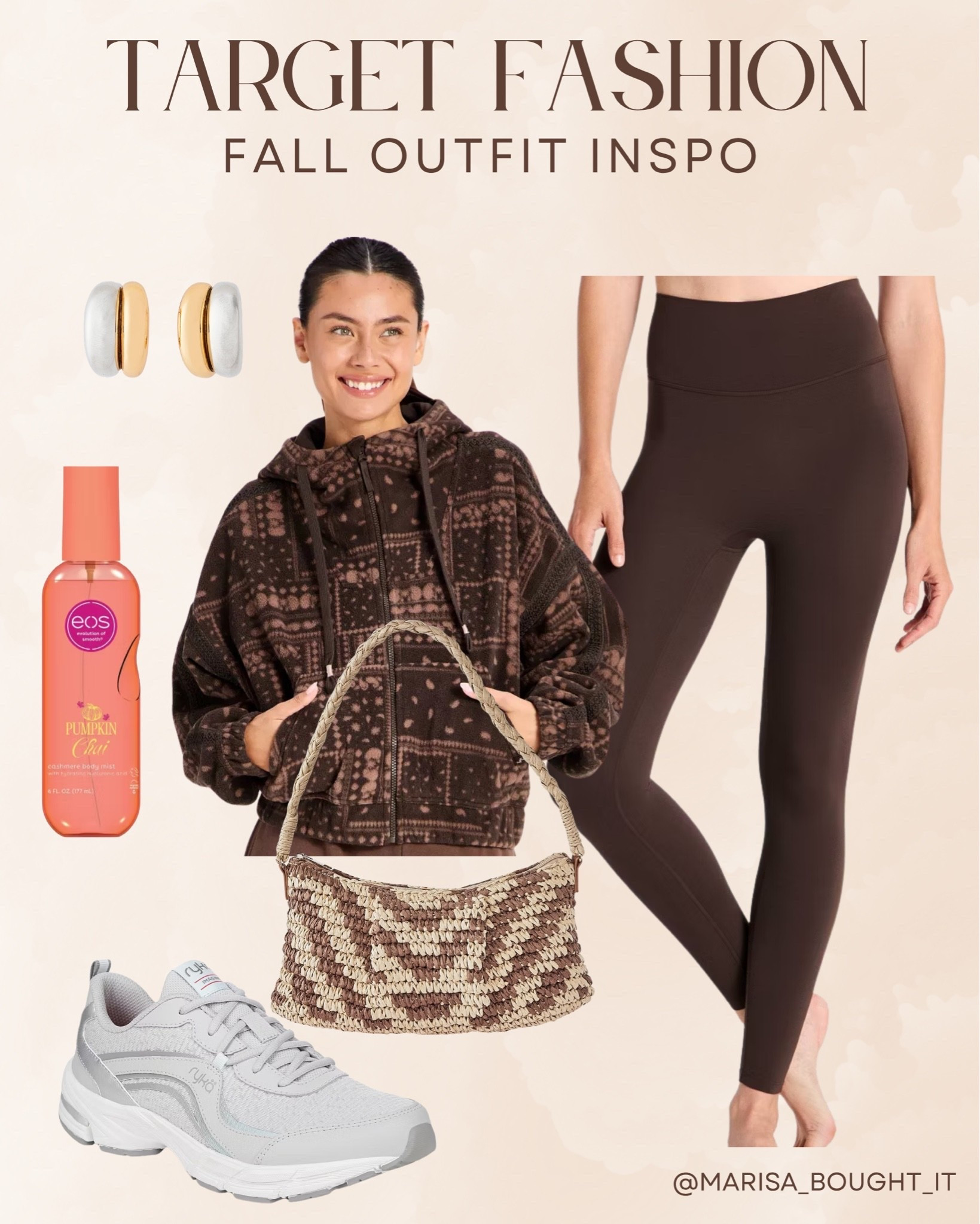 Cozy athleisure for fall! 🍂
I styled a patterned zip-up hoodie with high-waisted brown leggings for an effortless, comfortable vibe.

I paired it with grey sneakers, a woven shoulder bag, gold earrings, and sweet EOS Pumpkin Chai mist to complete the look. ☕✨

#TargetStyle #TargetFinds #FallOutfit #Athleisure #LTKunder50 #CasualStyle #OOTD #AutumnVibes #CozyStyle

#LTKSeasonal #LTKootd