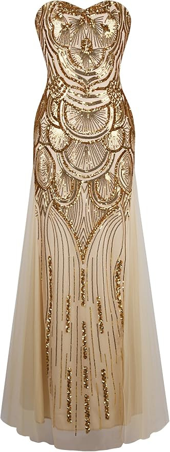 Angel-fashions Women's Sequin Strapless Sweetheart Mesh Lace up Banquet Dress | Amazon (US)