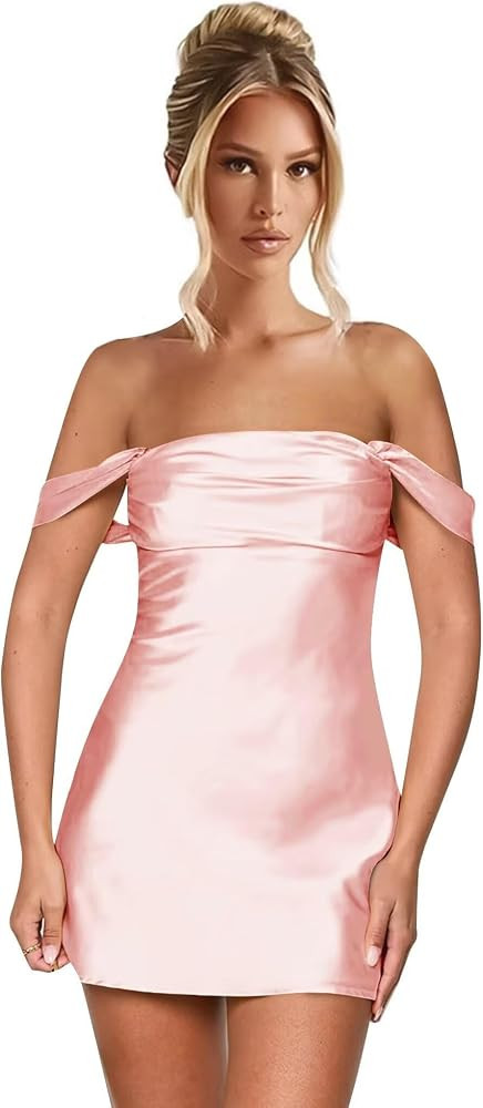 Amazon.com: enetly Satin Off Shoulder Red Short Homecoming Dresses for Teens Tight Open Back Grad... | Amazon (US)