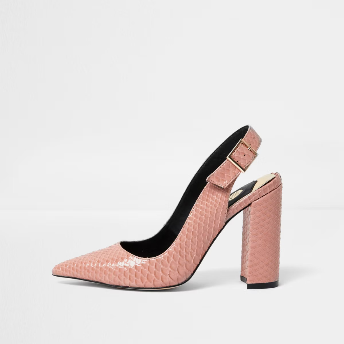 River Island Womens Pink snake slingback block heel court shoes | River Island (UK & IE)