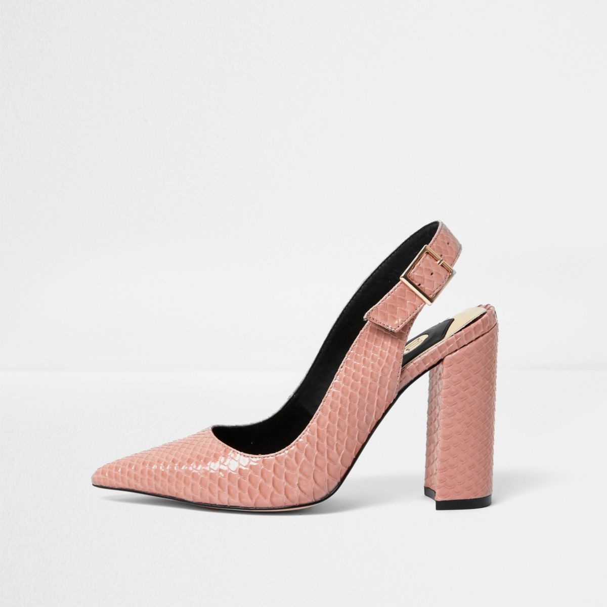 River Island Womens Pink snake slingback block heel court shoes | River Island (UK & IE)