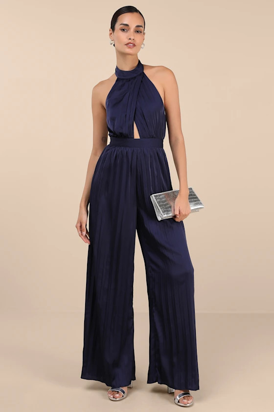 Confident Impression Navy Satin Pleated Halter Jumpsuit | Lulus