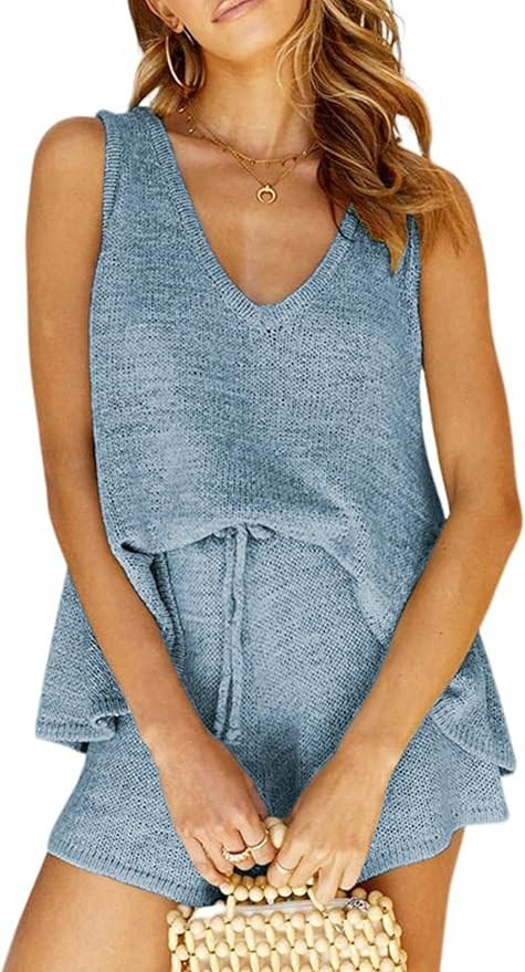 Women's Two Piece Outfits Knit Sweater Sets V-Neck Sleeveless Tank Top and Drawstring Shorts Set ... | Amazon (US)