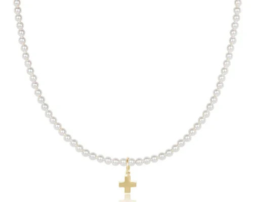 17" Choker Classic Pearl 3mm Bead - Signature Cross Gold Charm | The Horseshoe Crab