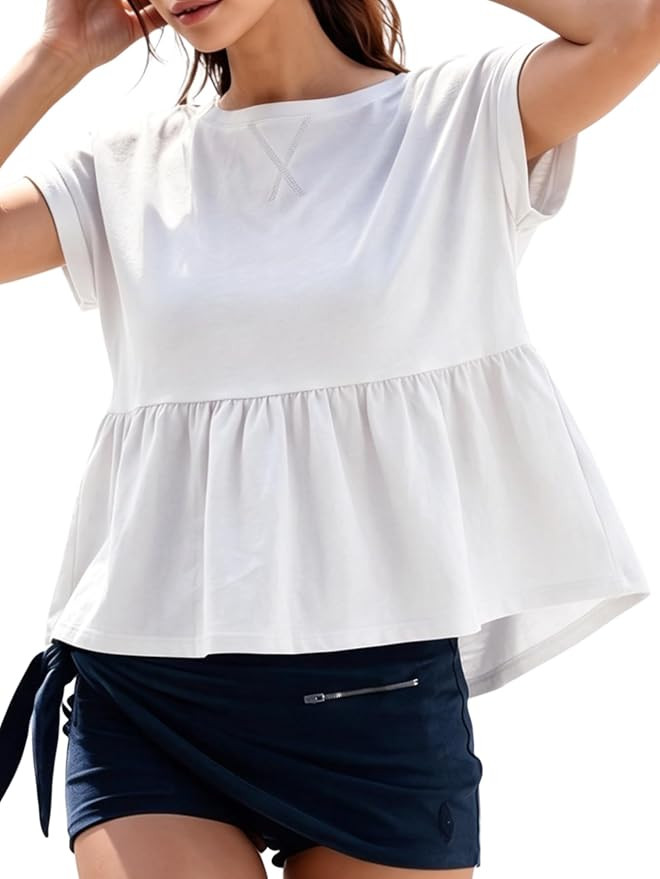 Women Boat Neck Babydoll Tops Peplum Cap Sleeve Flowy Casual Blouse | Flowy Peplum Hem Hides Tumm... | Amazon (US)