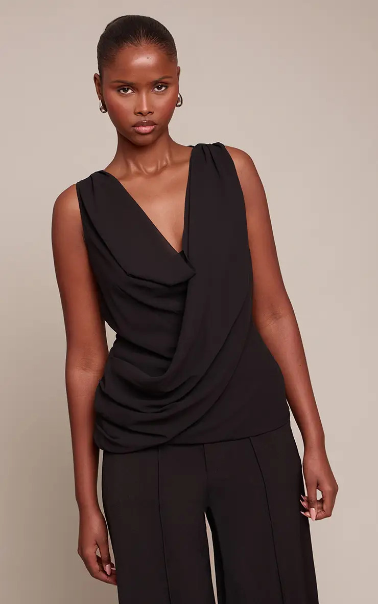 Black Sleeveless Chiffon Drape Top | PrettyLittleThing US