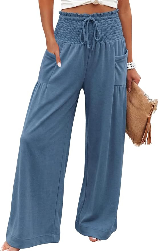 Athlisan Womens Baggy Wide Leg Palazzo Pants Casual Boho Smocked High Waist Lounge Trousers Beach... | Amazon (US)