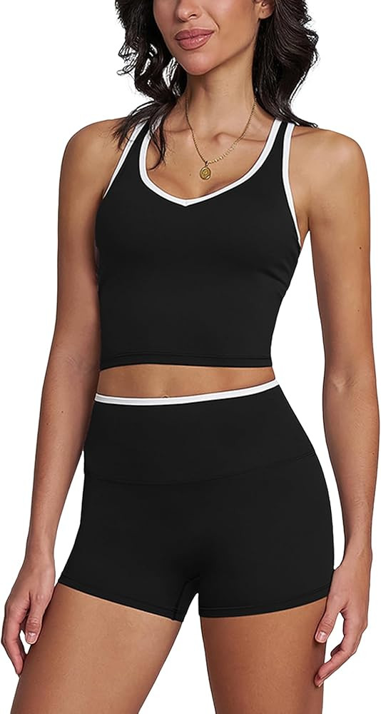 ABOCIW Workout Sets for Women 2 Piece Color Block V Neck Racerback Tank Top Built in Bra High Wai... | Amazon (US)