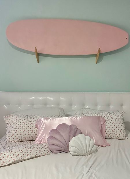 Surf board wall mount
White bed frame
Floral sheet set
White duvet cover 

#LTKhome #LTKCyberWeek #LTKsalealert