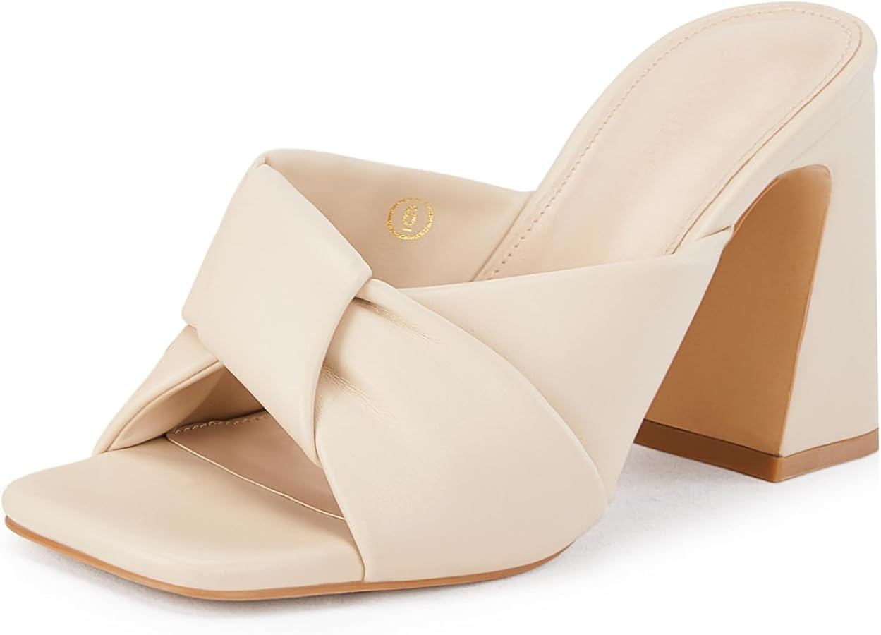 Coutgo Womens Chunky Heeled Mules Puffy Knot Square Open Toe Slip On Sandals Summer Evening Party... | Amazon (US)