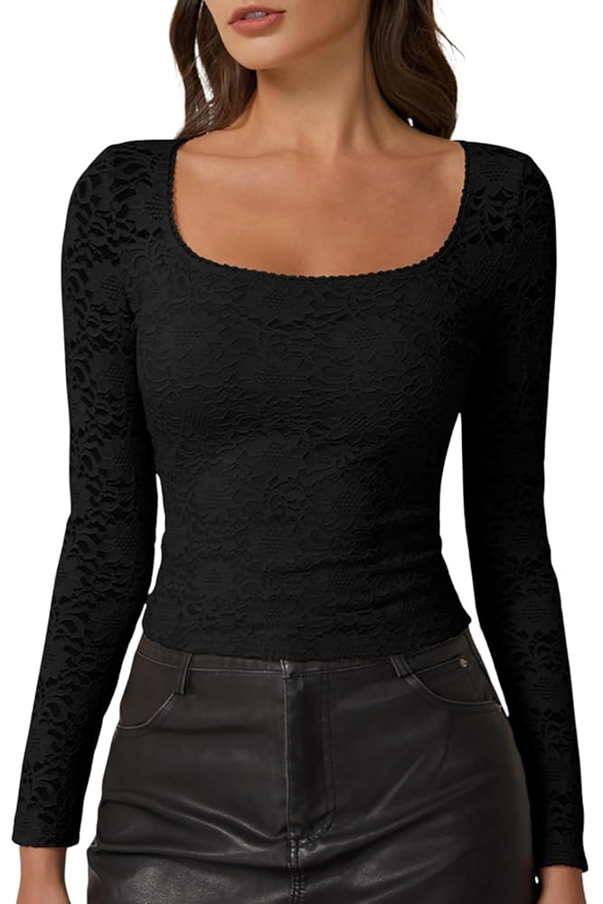 QINSEN Womens Scoop Neck Long Sleeve Lace Trim Tshirts Shirts 2025 Fall Winter Going Out Crop Top... | Amazon (US)