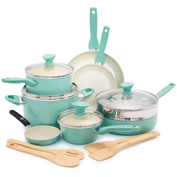 GreenPan Rio Ceramic Nonstick 16-Piece Cookware Set - Turquoise | Walmart (US)