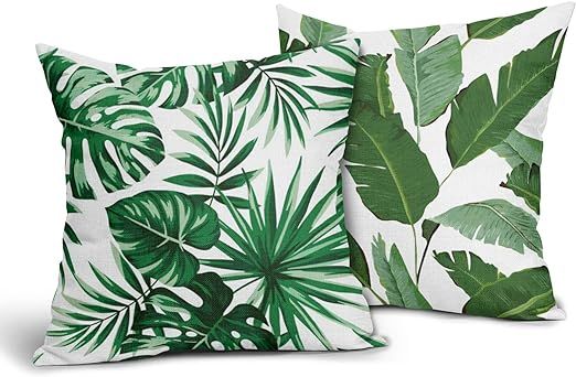 Tropical Palm Leaf Throw Pillow Covers Set of 2 Green Banana Leaves Print Cotton Linen Pillow Cas... | Amazon (US)