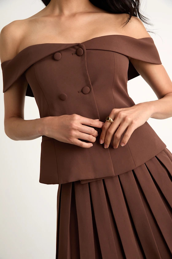 Mahika Brown Double-Breasted Off-the-Shoulder Top | Lulus