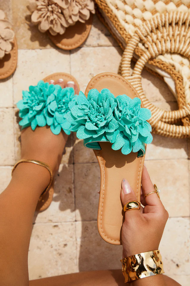Miss Lola | Analia Turquoise Slip On Flower Sandals | MISS LOLA