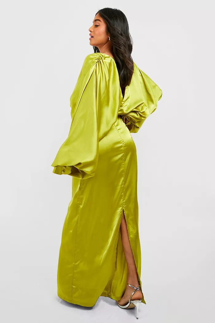Petite Satin Plunge Blouson Sleeve Maxi Dress | Boohoo.com (UK & IE)